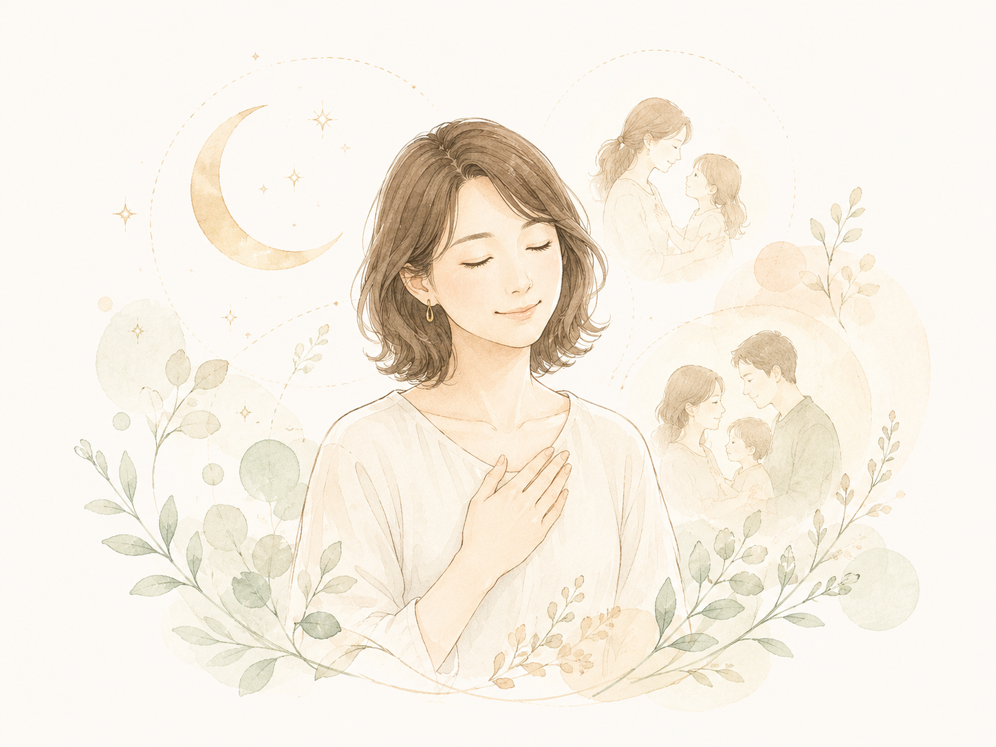 月と植物に囲まれて落ち着いた表情を見せる女性のイラスト